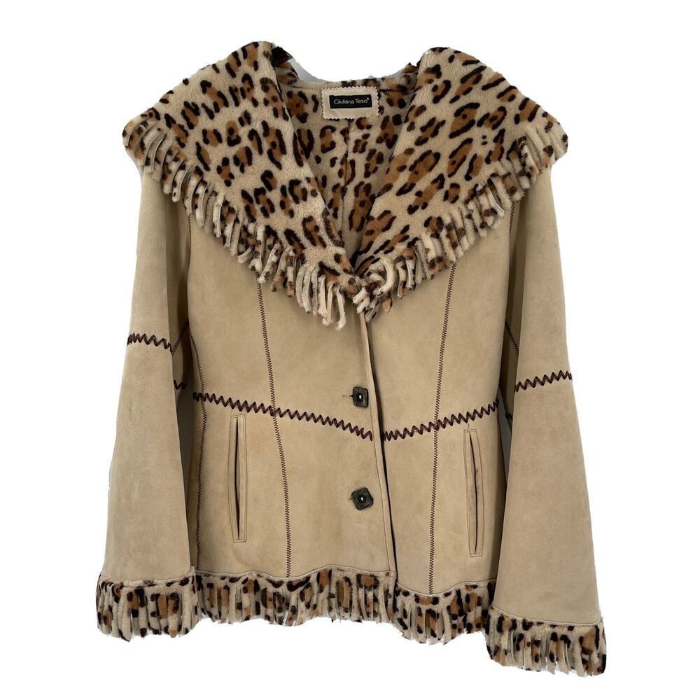 Giuliana Teso Reversible Coat Womens‎ 40 Leather Leopard Print Made in Italy